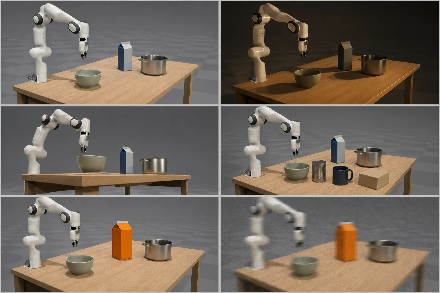 One scene rendered under six different perturbations