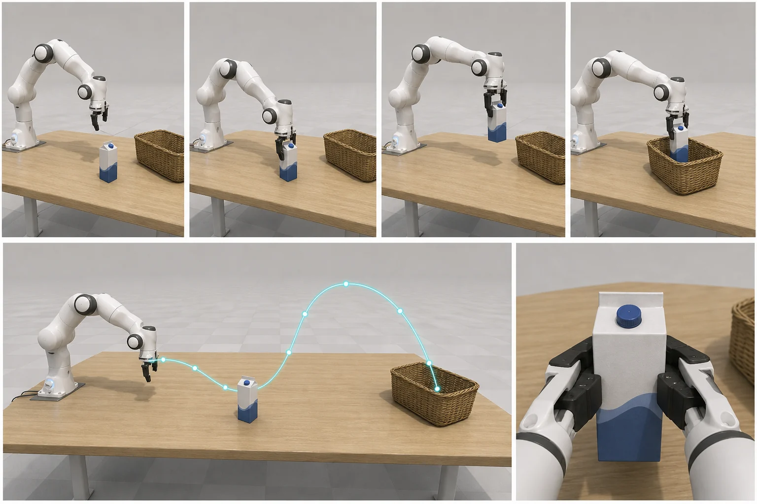 Keyframes, end-effector trajectory and wrist camera view of one demonstration